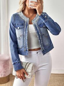 EMERY ROSE Pearl Decor Short Denim Jacket Old Money Style Women's Vintage Clothing Women's Office Clothing Simple Metallic Women's Office Blazer Pearl Embellished Denim Jacket - Blue - View 4