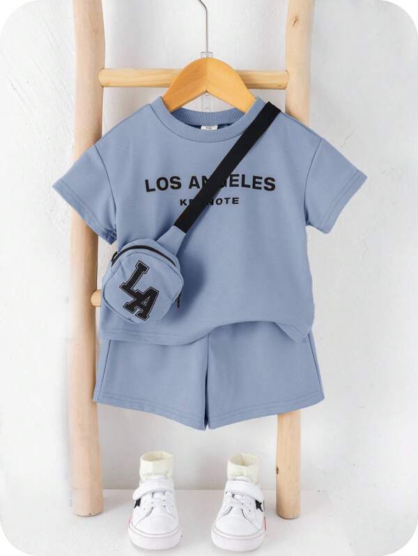 SHEIN 3件套 Babybo 夏季休闲字母印花短袖T恤、松紧腰短裤、附赠斜挎包