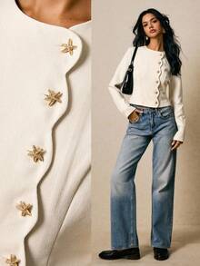 Poéselle 女士衬衫 斜纹软呢面料 不对称门襟 金属纽扣装饰 长袖衬衫 女士外套 女士西装外套 女士优雅通勤纯色海星纽扣衬衫 女士奶油色上衣 女士优雅上衣 女士奶油色外套 女士星形纽扣上衣 冬季外套 冬季夹克 秋季上衣 女士秋季装 女士冬季装 秋季外出上衣 Y2K复古风女士装 优雅女士衬衫 - 杏色 - 查看 2