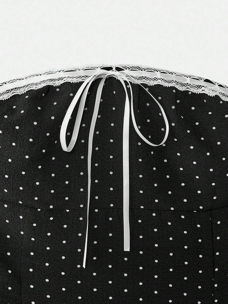 Black Polka Dot Strapless Midi Dress With Lace Detail And Bow Front Autumn Dress Going Out Dress Spring Summer Outfits Party Dress