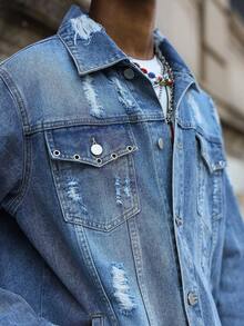 PAVTROS Chaqueta vaquera casual desgastada y desteñida para hombres - Azul - Ver 6