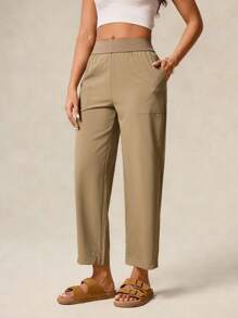 OutZeal 女士运动裤 日常休闲透气弹力直筒针织腰部七分裤设计带口袋 - 卡其色 - 查看 10