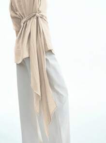 Aalyst Women's Linen Vacation Style Beach, Boat Neck Loose A-Line Waist Tie Long Blouse For Casual, Commute, Spring/Summer - Khaki - View 4