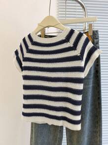 Franclia New Unique Striped Round Neck Cardigan, Versatile & Slimming Design For Women - Navy Blue - View 2