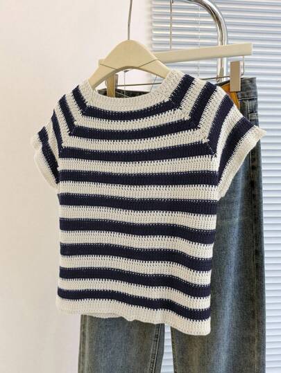 Franclia New Unique Striped Round Neck Cardigan, Versatile & Slimming Design For Women Spring Vintage Croptop