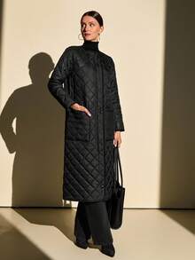 CLARA VERO Long Quilted Coat With Diamond Stitch Design, Crew Neckline, Front Snap Closures, Dual Patch Pockets, Timeless Urban Outerwear - Black - View 6