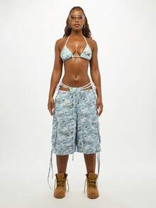 SUMWON WOMEN 工装实用长款牛仔短裤抽绳腰海滩夏季宽松阔腿迷彩印花休闲街头风格