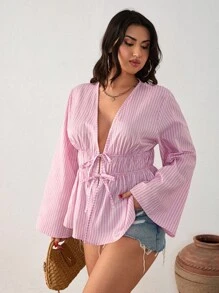 SHEIN Cottnline ملابس علوية نسائية كاجوال بوهيمية بيضاء برباط سحب وأكمام طويلة مقاس كبير مناسبة للبرانش والمناسبات الرسمية في فصل الخريف - وردي مغبر - مشاهدة 5