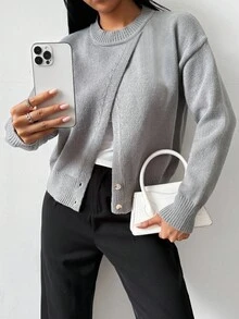 Balvessa Grey Crew Neck Asymmetrical Hem Long Sleeve Sweater, Elegant Design, Versatile & Casual, Suitable For Multiple Occasions - Grey - View 6