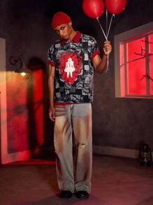 IT x SHEIN 恐怖电影人物图案圆领休闲短袖T恤 - 黑色 - 查看 3