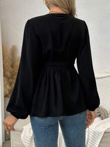 SHEIN Maternity Solid Color Lantern Sleeve Belted V-Neck Elegant Blouse - Black - View 2