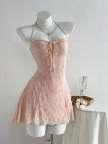 Elamini 2 件套女士秋冬时尚蕾丝花边吊带背心和蕾丝领收腰 A 字迷你连衣裙套装 - 粉色 - 查看 7