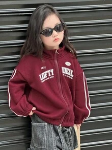 DAZY Young Girls Regular Collar English Print Contrast Stripe Decor Casual Sweatshirt Fall,Winter - Red - View 1