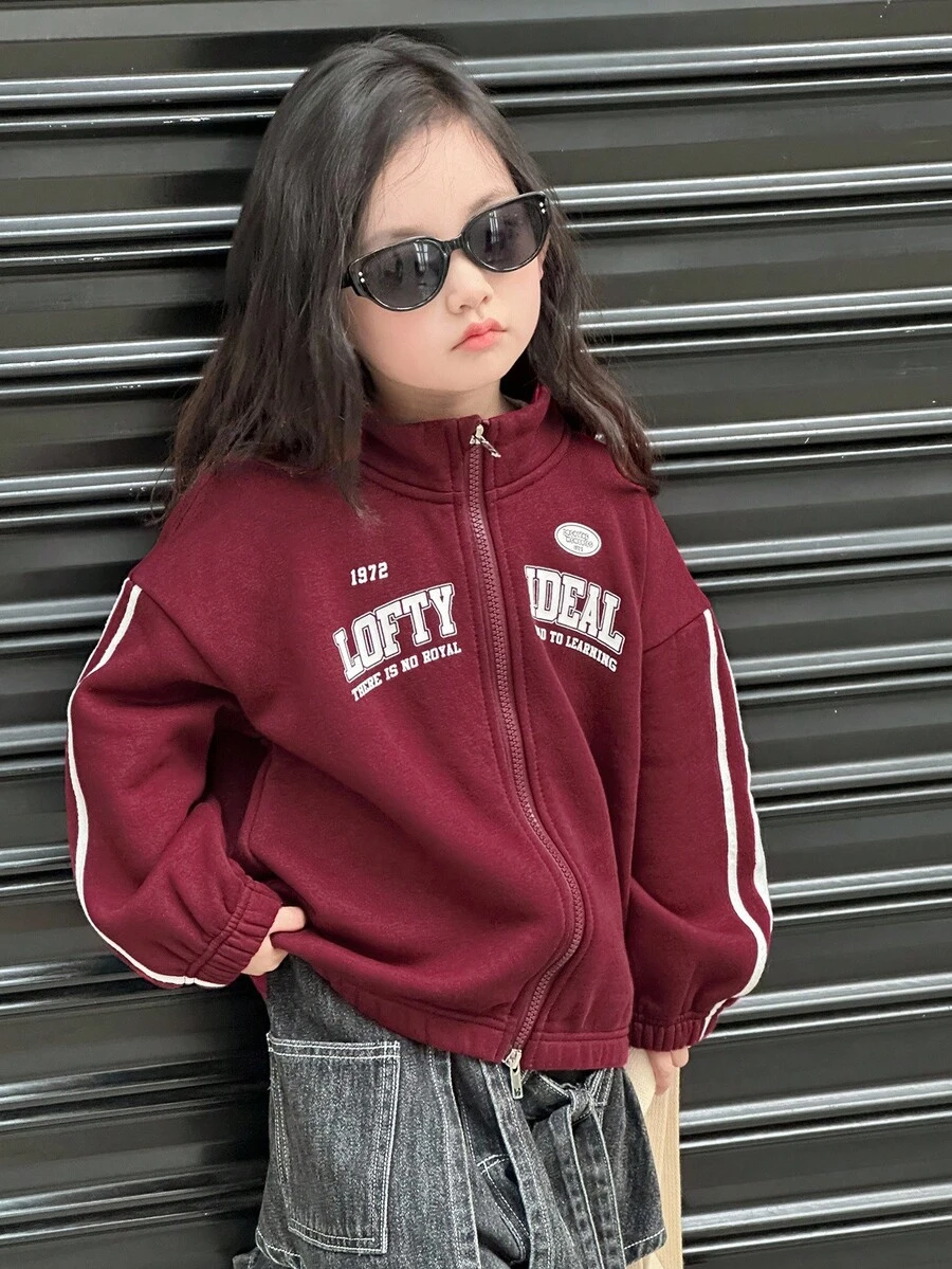 DAZY Young Girls Regular Collar English Print Contrast Stripe Decor Casual Sweatshirt Fall,Winter - Red - View 1