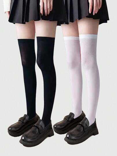 Goth 2 Pairs Minimalist Over-The-Knee Socks, Sexy Black & White Solid Color School Style Thigh High Socks, Ultra-Thin Elastic Sheer Tights