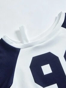 SHEIN Explorewe 2 件/套女童卫衣两件套，91 图案单肩带长袖卫衣搭配星星印花裤，适合日常穿着、同学聚会、户外活动 - 藍色 - 查看 4