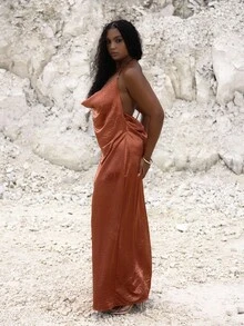 MUSERA 露背串珠高领长裙，可爱夏日度假优雅假日经典假日装扮，性感场合，曲线毕露，毕业舞会长裙 - 紅色 - 查看 3