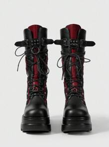 ROMWE Grunge Punk 红色 & 黑色金属扣厚底中筒系带朋克及膝靴