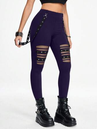 Grunge Punk Leggings ajustados de mujer con hebilla metálica hueca de estilo punk oscuro y cintura desmontable