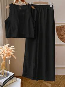 2pcs/Set Women Solid Color Vest And Pants Set - Black - View 3