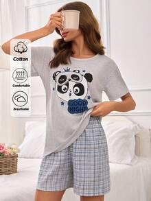 EURMUSE Bộ đồ ngủ cottonline 2 chiếc áo sơ mi tay ngắn in hình gấu trúc cỡ lớn và quần ngủ in hình kẻ caro - Xám - Xem 1