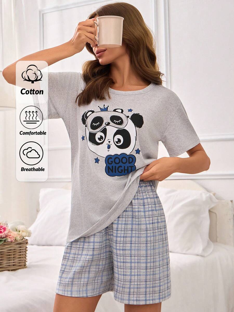 EURMUSE Bộ đồ ngủ cottonline 2 chiếc áo sơ mi tay ngắn in hình gấu trúc cỡ lớn và quần ngủ in hình kẻ caro - Xám - Xem 1