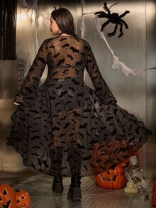 SHEIN EZwear 加大码万圣节性感蝙蝠植绒网眼透视夹克 - 黑色 - 查看 2