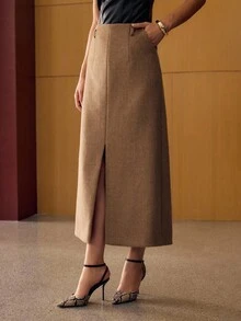 MOTF PREMIUM FALDA DE BOLSILLO INCLINADO DE LANA - Caqui - Ver 5