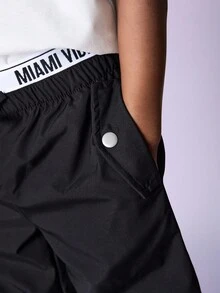 SHEIN Young Boy Casual Korean Letter Elastic Waist Loose Solid Color Woven Pants, Suitable For School, Garden, Beach, Birthday Party, Spring, Summer, Autumn, Winter - Black - View 4