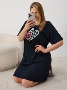 EURMUSE Cotton Plus Size Heart Printed Short Sleeve Sleepshirt - Navy Blue - View 3