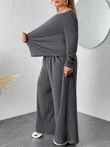 SHEIN CURVE+ 2 Stück/Set Damen Große Größen Grau Langarm T-Shirt und Hose Strick Slim Fit Anzug/Herbst/Winter - Dunkelgrau - Übersicht 7