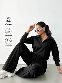 EURMUSE Women's Casual Solid Color Sweatshirt And Sweatpants 2 Pieces Set - Black - View 1