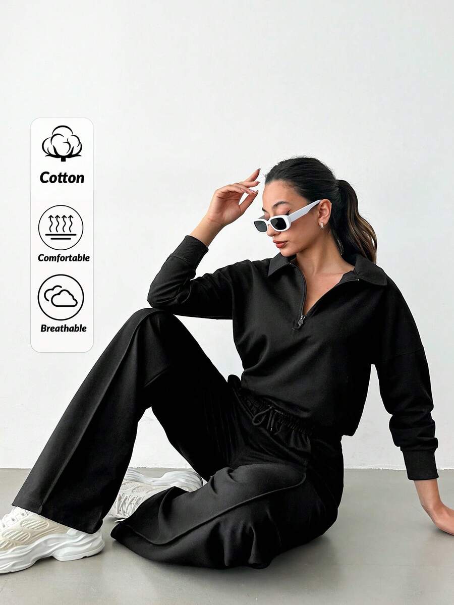EURMUSE Women's Casual Solid Color Sweatshirt And Sweatpants 2 Pieces Set - Black - View 1