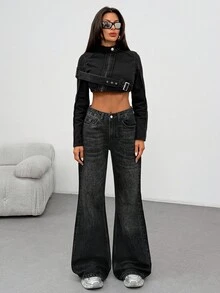 EURMUSE Women's Mid-Rise Pocketed Flare Wide Leg Loose Casual Versatile Jeans - Black - View 4
