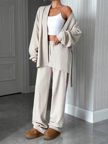 SHEIN Tall Tall Size Cotton Drop Shoulder Belted Cardigan & Pants - Beige - View 5