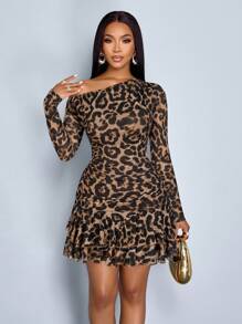 SOLERSUN 高端简约优雅性感通勤女士秋冬服装，派对/外出装，腰部聚拢豹纹针织网眼塑身露肩女式迷你连衣裙，返校季少女下摆俱乐部风格（随机花卉）秋季女装冬季女装返校节礼服感恩节女装返校服教师装万圣节节日气球裙，猎豹印花连衣裙 - 棕色 - 查看 5