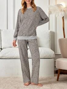 EURMUSE PLUS Women Cotton Leopard Print Round Neck Long Sleeve Top & Fake Drawstring Pants Ladies Pajama Set - Multicolor - View 5