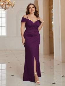 SHEIN Belle Plus Cold Shoulder Ruched Split Thigh Formal Dress - Purple - View 7