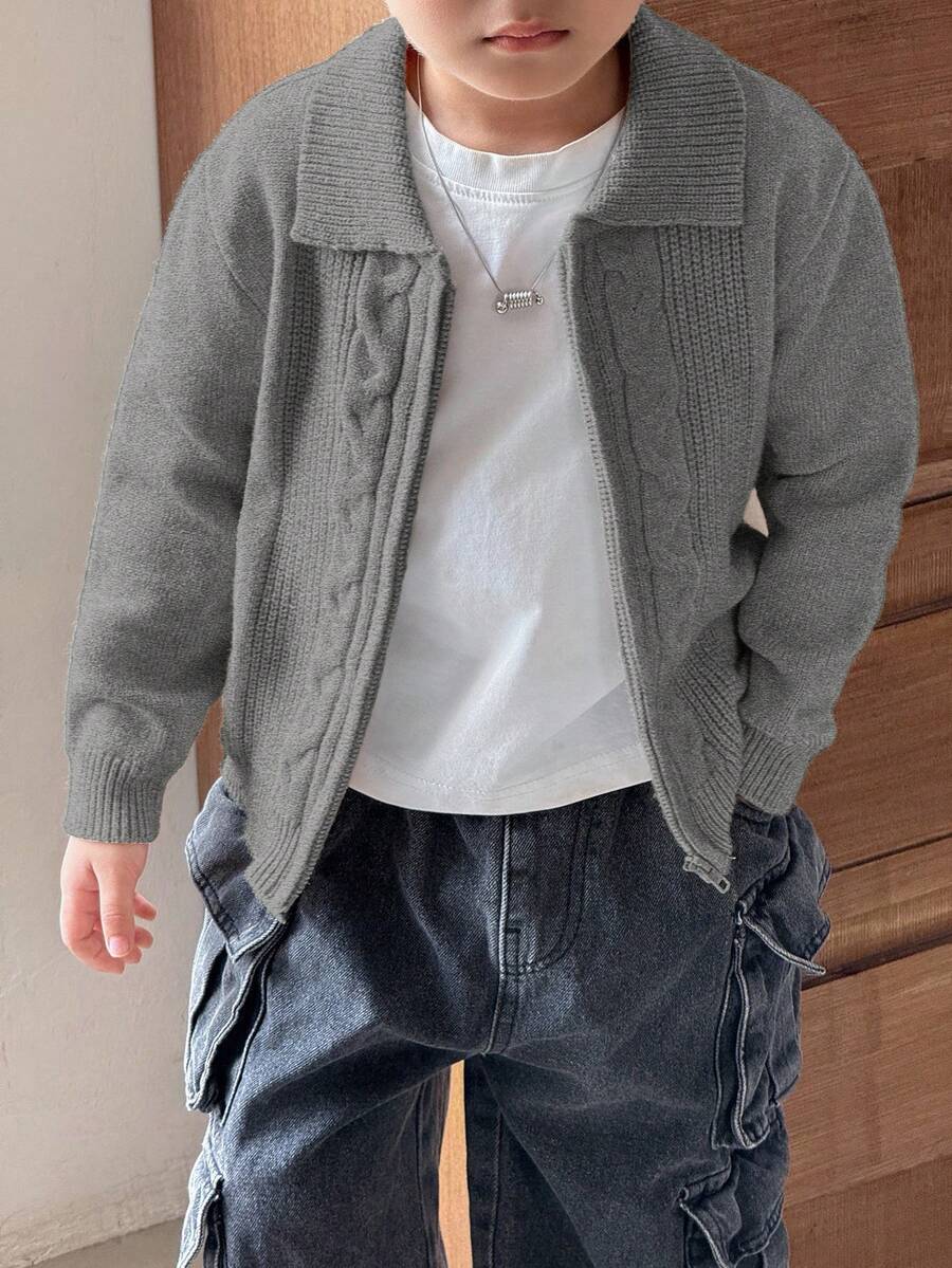 SHEIN Young Boys' Casual Twist Floral Front Zip Knit Cardigan Boys Cardigan Boys Zip Up Sweater Boys Knit Cardigan Boys Sweater Jacket Boys Knit Jacket Fall Winter