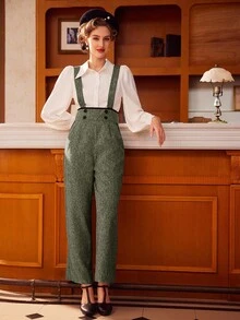 Vintamour 复古优雅女式连体裤双排扣拼色装饰吊带阔腿裤连衣裙女式长裤套装夏季裤子夏季下装乡村演唱会服装女式裤子灰色连体裤灰色裤子春夏装老钱美学秋装教师服 - 軍綠色 - 查看 4