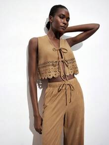 Maija Women's Fashion Casual Solid Color Hollow Out Twist Vest Tan Two Pieces Set Women Brown Two Pieces Set Women Suede Two Pieces Set Women Two Pieces Pants Set Two Pieces Set Modern Vacation Nomadic Casual Fashion All-Match Women's Country Concert Clothing Western Style Women's Clothing Nomadic Style Bohemian High-End Elegance All-Match Country Concert Clothing Exotic Atmosphere, Country Concert, Western Style Clothing, High-Grade Fabric, Comfortable And Breathable