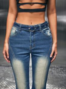 SHEIN ICON 女式休闲复古水洗紧身喇叭牛仔裤 - 藍色 - 查看 7