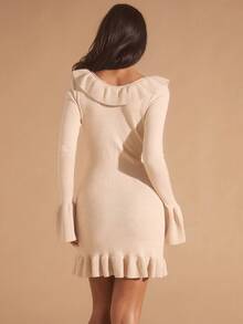 Glamine 女士纯色荷叶边领喇叭袖针织连衣裙，秋季时尚 - 杏色 - 查看 2