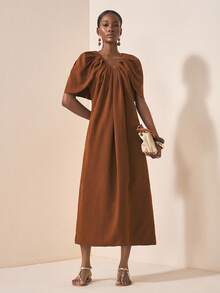 Zivah 2025 Autumn New Arrival Music Festival, Easter, St. Patrick's Day, Western Style, Nomadic Style, Birthday Party, Graduation Season, College Style, Student Wear, Daily Casual, Basic Versatile, Leisure, Vacation, Cruise Travel, Beach, Sunbathing, Viral , Streetwear, Wedding Guest Boho Style, Commuter Style, Brunch Outfit, Airport Outfit, Ruched Shoulder Cape Sleeve V-Neck Maxi Dress In Burgundy