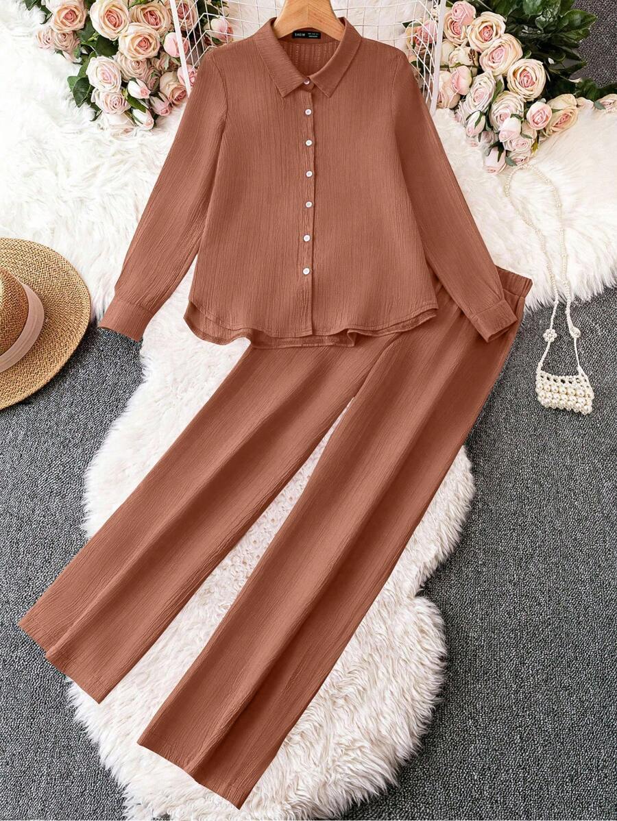SHEIN LUNE 2件套女式纯色长袖弧形下摆纹理面料衬衫和裤子套装 - 棕色 - 查看 1
