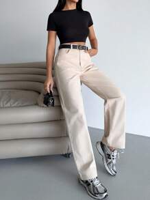 EURMUSE 100% Cotton High Waist Straight Leg Jean - Beige - View 6