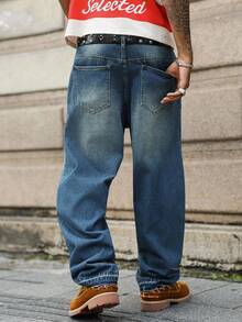 PAVTROS Manfinity Streetrush Men's Leopard Print & Star Pattern Pocket Loose Fit Jeans, All Season, Streetwear - Blue - View 2