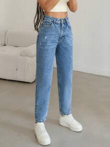 EURMUSE 女士高腰妈妈牛仔裤，后背有标签细节，休闲