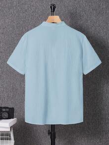 SHEIN Boys Blue Regular Sleeve Plain Polyester Shirt Button Front Stand Collar Regular Length Casual Top, Teen Boy - Blue - View 3