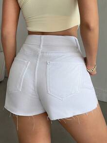 EURMUSE WOMEN HIGH WAIST WHITE DENIM SHORT EVERYDAY CASUAL RAW EDGE Women S Clothes Woman S Summer Clothes Women S Bottoms Women Short Set - White - View 2